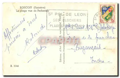 Bilhete postal antigo Roscoff Finistère A Praia vista de Perhariay — Verso