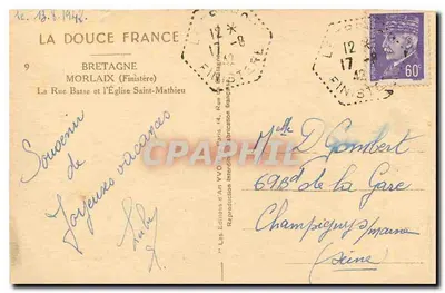 Bilhete postal antigo Bretagne Morlaix Finistère A Rue Basse e a Igreja São Mateus — Verso