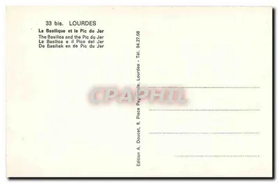 Lourdes — A Basílica e o Pic du Jer — Edição A. Doucet, Lourdes — Verso
