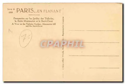 París. De paseo — Vista panorámica de los Jardines de las Tullerías, la Butte Montmartre y el Sacré-Cœur — Edición Act YVON, serie 6 n°118 — Reverso