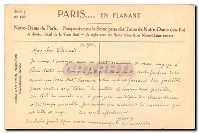 Notre-Dame w Paryżu — Perspektywa na Seinę z wież Notre-Dame (strona wschodnia) — Wydawnictwo Sztuki YVON, Paryż, seria 7 nr 129 — Rewers