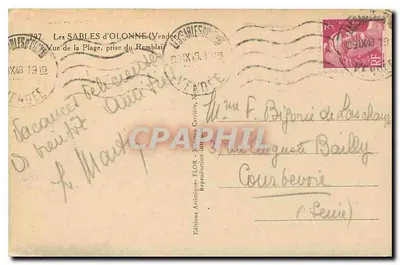 Les SABLES d'OLONNE (Vendée) — Widok plaży, wykonany z Remblai — wydawnictwo Artisitiques FLOR — Rewers
