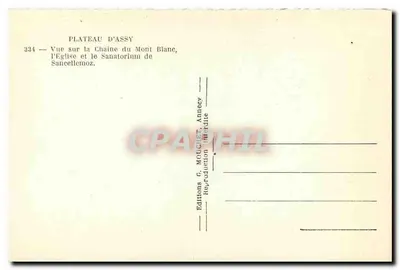 Plateau d'Assy — Widok na łańcuch Alp, kościoł i sanatorium Sancellemoz — Wydawnictwo G. Mouchet, Annecy — Rewers
