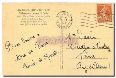 Notre-Dame w Paryżu — widok z ogrodu Saint-Julien-le-Pauvre — wydawca Patras, nr 152 — Rewers