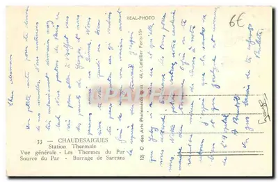 Chaudesaigues — Vista geral — Estação Termal, Barragem de Sarrans — Editor REAL-PHOTO — Verso
