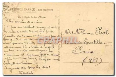 Bilhete postal antigo Les Pyrenees Sur la Route Lac d'Estom — Verso