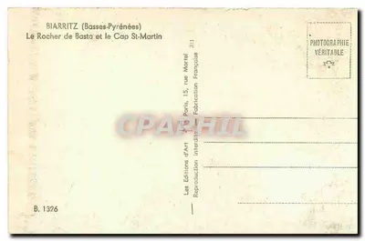 Biarritz (Basses-Pyrénées) — O Rocher de Basta e o Cabo St-Martin — Éditions d'Art, Paris — Verso