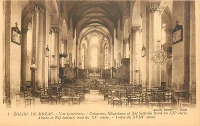 Igreja de Mozac — Vista interna — Colunas, capitéis e nave lateral sul do século XV. Abside e nave lateral norte do século XII. Abóbada do século XVIII. — Amat, Editora — Riom