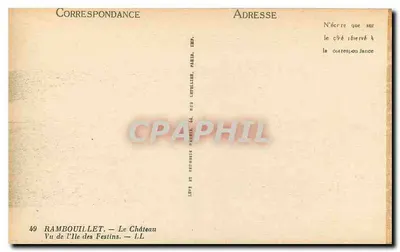 Rambouillet — O Castelo visto da Ilha dos Festins — Editor: L. Deschamps, Paris — Verso