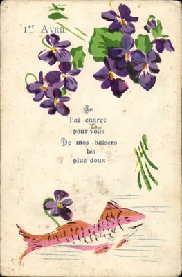 Violetas e peixe — 1º de Abril — carta postal ilustrada