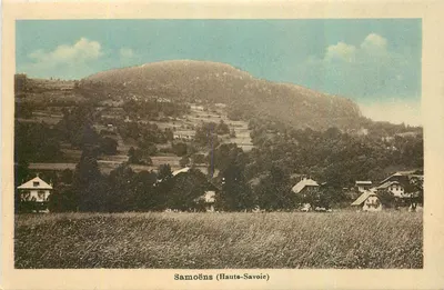 Samoëns (Alta Saboia) — vista do vilarejo e da montanha — editor Henri Baurou & Cie, número de série não visível