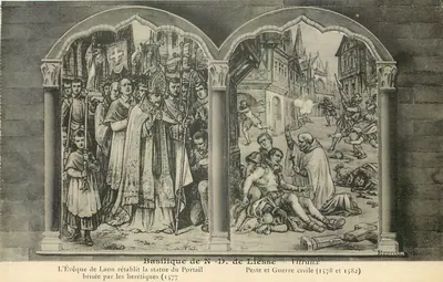 Basílica de N.-S. de Liesse — Vitrais ilustrando o Bispo de Laon reestabelecendo a estátua do Portal quebrada pelos hereges (1577) e Peste e Guerra Civil (1578 e 1582) — Fototipia J. Bemine, Reims