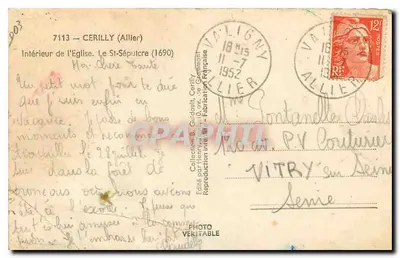 Bilhete postal antigo Cerilly Allier Interior da Igreja do Santo Sepulcro — Verso