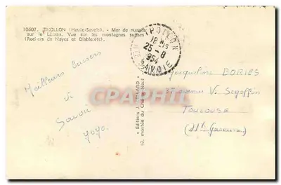 Thollon (Haute-Savoie) — Mar de nuvens sobre o Léman, vista das montanhas suíças (Rocliers de Nayces e Diablerets) — Editores J. CELLARD, subida do Chemin-Neuf — Verso