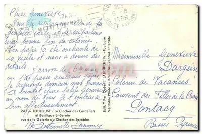 Toulouse — Widok z Galerii Dzwonnicy Cordeliers i Bazyliki św. Sernina — Wyd. Pyr. Océan, Toulouse — Rewers