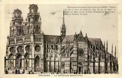 Orléans — Katedra św. Krzyża — Zabytek. Styl gotycki, odnowiony. Katedra z 1601 do 1629 roku, wieże z 1723 roku. 87 m wysokości. Strzałka z 1850 roku, 102 m wysokości. GrobowiecMgr. Dupanloup i Kardynała Touchet.