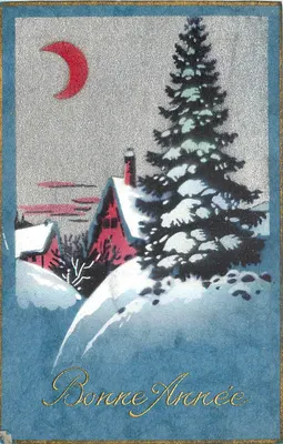 Paisagem invernal — casa e pinheiro sob um crescente vermelho — texto 'Bom Ano' — editor desconhecido