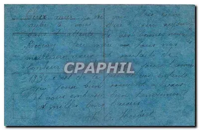 Paisagem invernal — casa e pinheiro sob um crescente vermelho — texto 'Bom Ano' — editor desconhecido — Verso