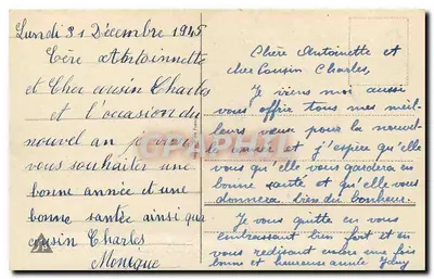 Pejzaż zimowy — domy zasniate śniegiem, cypres i kowadło — Szczęśliwe Nowe Rok — Rewers