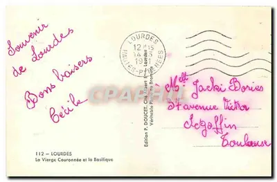 Lourdes — Ansicht der gekrönten Jungfrau und der Basilika — Edition P. DOUCET, n°112 — Rückseite