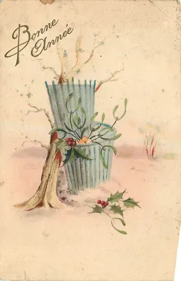 Natal — decoração de árvore de Natal e guirlanda em um balde — Bilhete postal antigo M.G.A.