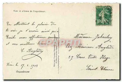 Roquebrune — Carta postal com texto manuscrito — Editada pela Agência Nacional dos Viagens — Verso