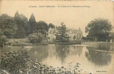 Bilhete postal antigo La Sarthe Saint Marceau O Castelo da Menarderie e o Lago