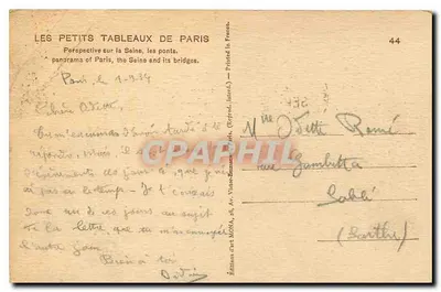 Vue de Paris — Perspective sur la Seine et ses ponts — éditeur MOVA — Verso