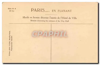 Paris... en Flanant — Motifs en bronze décorant l'entrée de l'Hôtel de Ville — Édition d'Art YVON, Néaully Paris — Verso