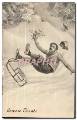 Uomo che scivola su una discesa innevata — Buon Anno — editore non visibile