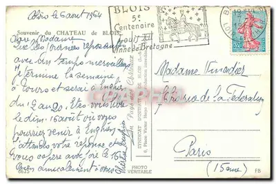 Blois — Castelo — Carta postal ilustrada com várias vistas — Verso
