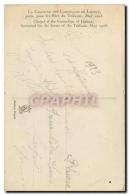 La Capilla de las Carmelitas de Lisieux — decorada para las fiestas del Triduo, Mayo 1923 — editor no visible — Reverso