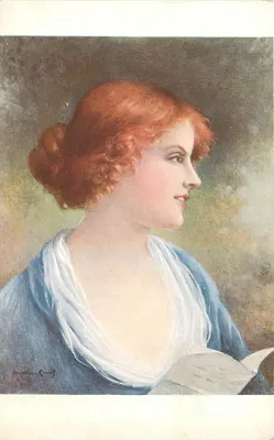 Jovem mulher de cabelos ruivos — lendo um livro — F. MARTIN-KAVEL, n° 5219