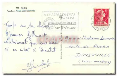 Fronton Katedry Notre-Dame oświetlony — Paryż — Wydawnictwo Chantal — Rewers