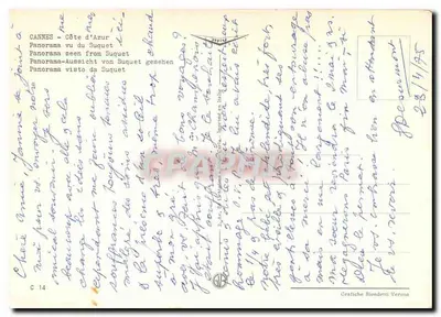 Cannes - Panorama visto do Suquet — Estátua do Cardeal Géblied — Editor Grafiche Biondetti Verona, n° C 14 — Verso