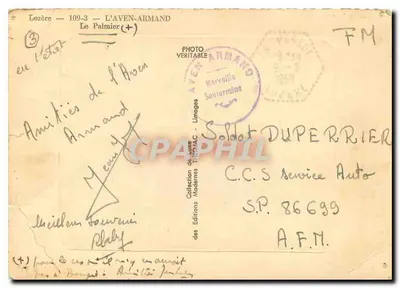 Bilhete postal moderno Lozère L'Aven Armand L Palmier — Verso