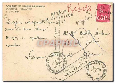 Douce Normandie — Przyrodniczy krajobraz z domem z cegły i drewna i bykami — Wydawnictwo Sztuki Yvon, nr 3 — Rewers