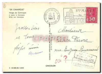 Camargue — scène de marécages avec cavaliers et chevaux — Imprimeur Combier (71, S.&L.) — Verso