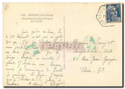 Widok na megalityczne wyrównania w Ménez (Carnac) — Carnac (Morbihan) — Wydawnictwo 'La Cigogne' — Rewers