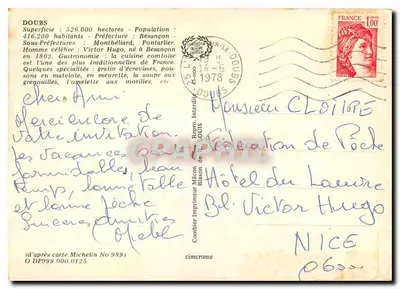 Doubs — karta pocztowa turystyczna z mapą i zdjęciami miejsc — wydawca Combier Imprimeur — Rewers
