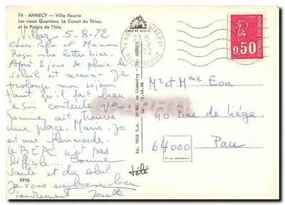 Annecy — Os velhos Bairro. O Canal do Thiou e o Palácio da Ilha — Ed. Télé S.A. n° 5976 — Verso