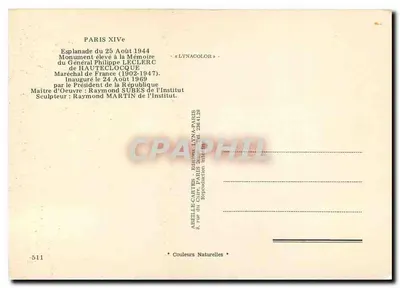 Monument do Filipa Leclerca de Hauteclocque — Esplanada 25 sierpnia 1944 — Wydawca ABEILLE-CARTES, Paryż — Rewers