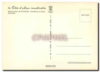 Entrada da Praça Grimaldi — Cagnes-sur-Mer — Ed. A. Rion, 18, rue Rion, Nice — Verso