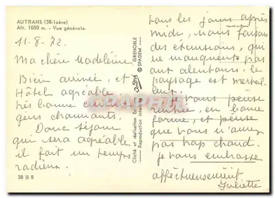Autrans (38-Isère) — Vista geral — Alt. 1050 m. — Edições Grenoble Spadem — Verso