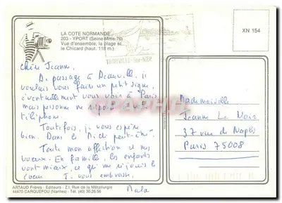 Vista geral, a praia e o Chicard — Trouville-sur-Mer — Editor Artaud Frères, n° XN 154 — Verso