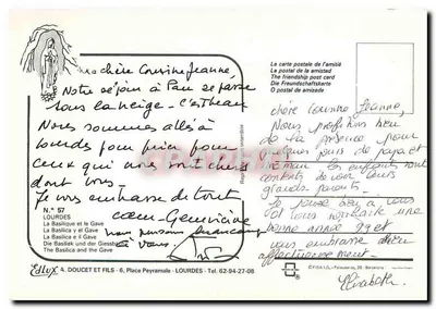 Lourdes — Basílica e o Gave — Editor Elux A. Doucet et Fils, n° 57 — Verso
