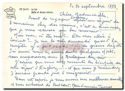 Romantyczne jezioro — widok łodzi pod cieniem sosny — wydawca Fenec, seria PP 34-91 — Rewers