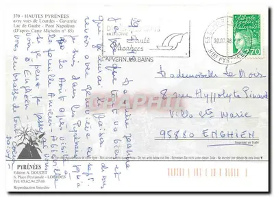 Wysokie Pireneje — widoki Lourdes, Jezioro Gaube, Most Napoleona — Wydawnictwo A. DOUCET, n° 370 — Rewers
