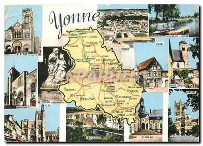 Yonne — Carta postal turística com mapa e fotos de locais — Editor: Comber Imp. (número de série não visível)