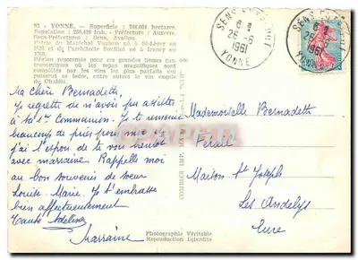 Yonne — Carta postal turística com mapa e fotos de locais — Editor: Comber Imp. (número de série não visível) — Verso